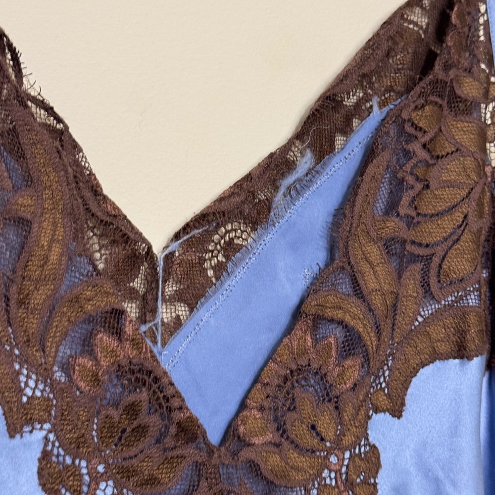 SIR the label Blue Satin Slip Dress with Brown Lace Trim - Picture 12 of 12